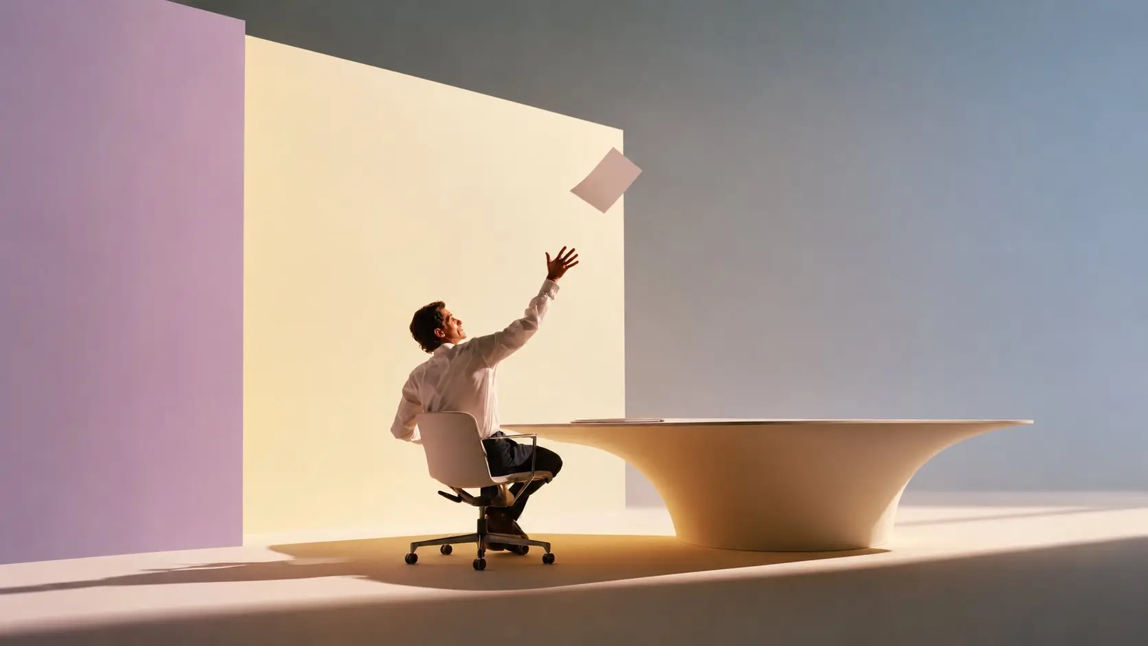Un homme lance une feuille en l’air, devant un bureau vide