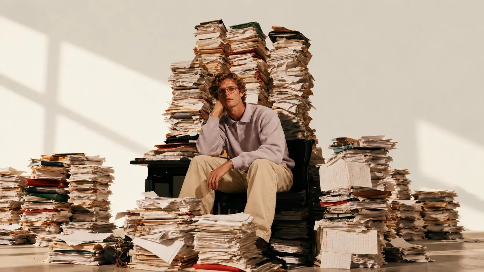 Thomas assis au milieu de piles de dossiers